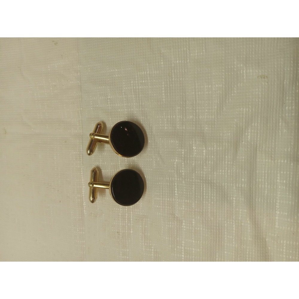Swank Vintage Mens Gold Tone Round Black Onyx Style Inlay Bullet Back Cufflinks